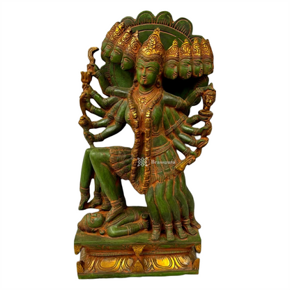 Brassaura™ Mahakali Brass Statue Idol with 10 Heads – 10kg | 15" Tall – Antique Green Patina