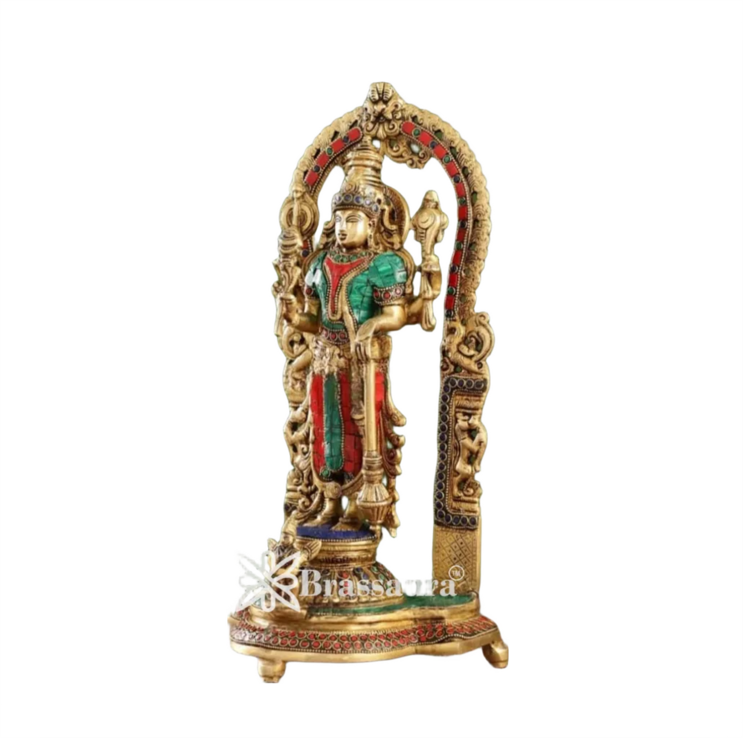 Brassaura™ Superfine Brass Lord Vishnu Statue with Garuda | Intricate Stonework | 16 Inch Height | 6 KG Weight | Handcrafted Masterpiece
