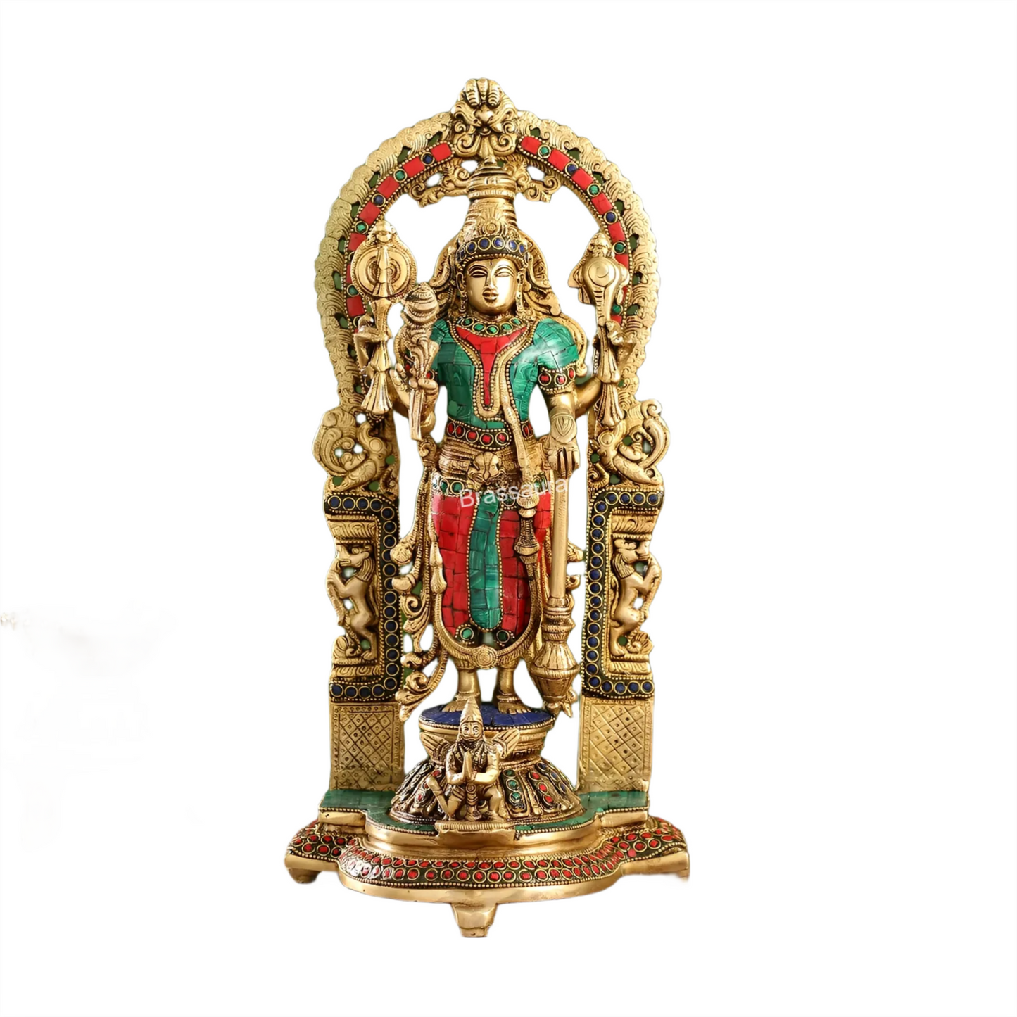 Brassaura™ Superfine Brass Lord Vishnu Statue with Garuda | Intricate Stonework | 16 Inch Height | 6 KG Weight | Handcrafted Masterpiece