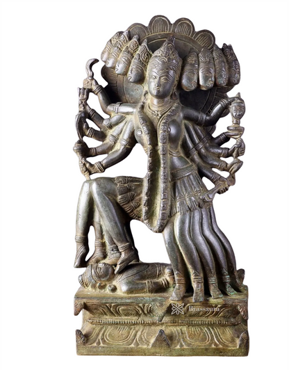 Brassaura™ Mahakali Brass Idol – 10 Heads | 10kg | 15" Height – Handcrafted | Vintage Finish