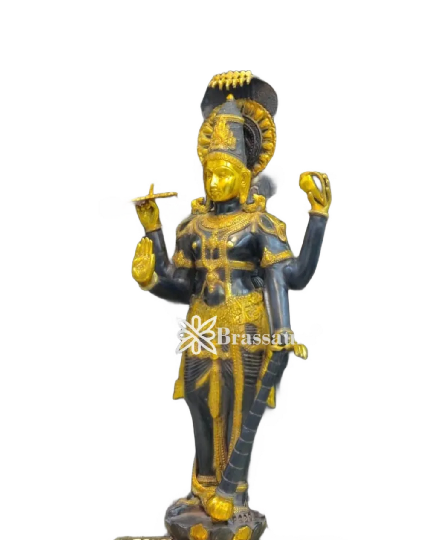 Brassaura™ Handcrafted Brass Lord Vishnu Idol with Sheshanaag | 40 Inch Height | 30 KG Weight | Ink Blue & Yellow Gold Finish