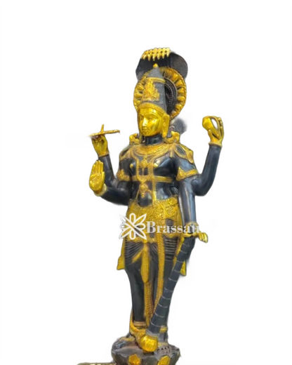 Brassaura™ Handcrafted Brass Lord Vishnu Idol with Sheshanaag | 40 Inch Height | 30 KG Weight | Ink Blue & Yellow Gold Finish