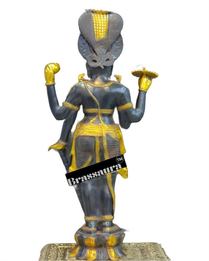 Brassaura™ Handcrafted Brass Lord Vishnu Idol with Sheshanaag | 40 Inch Height | 30 KG Weight | Ink Blue & Yellow Gold Finish