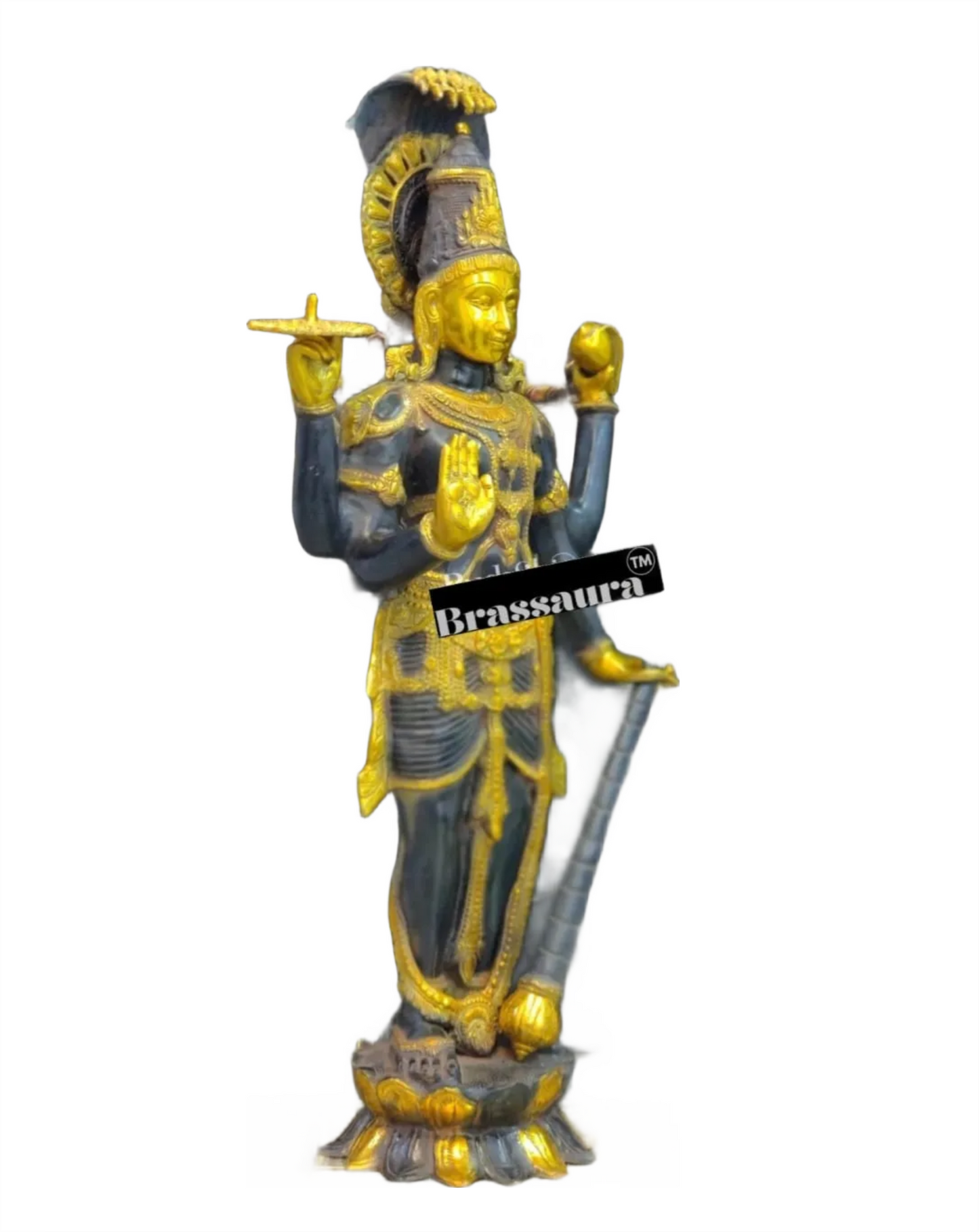 Brassaura™ Handcrafted Brass Lord Vishnu Idol with Sheshanaag | 40 Inch Height | 30 KG Weight | Ink Blue & Yellow Gold Finish