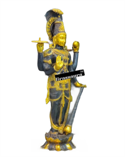 Brassaura™ Handcrafted Brass Lord Vishnu Idol with Sheshanaag | 40 Inch Height | 30 KG Weight | Ink Blue & Yellow Gold Finish
