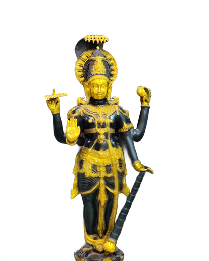 Brassaura™ Handcrafted Brass Lord Vishnu Idol with Sheshanaag | 40 Inch Height | 30 KG Weight | Ink Blue & Yellow Gold Finish