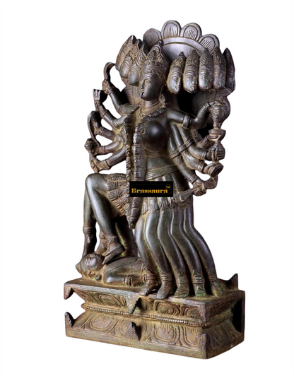 Brassaura™ Mahakali Brass Idol – 10 Heads | 10kg | 15" Height – Handcrafted | Vintage Finish