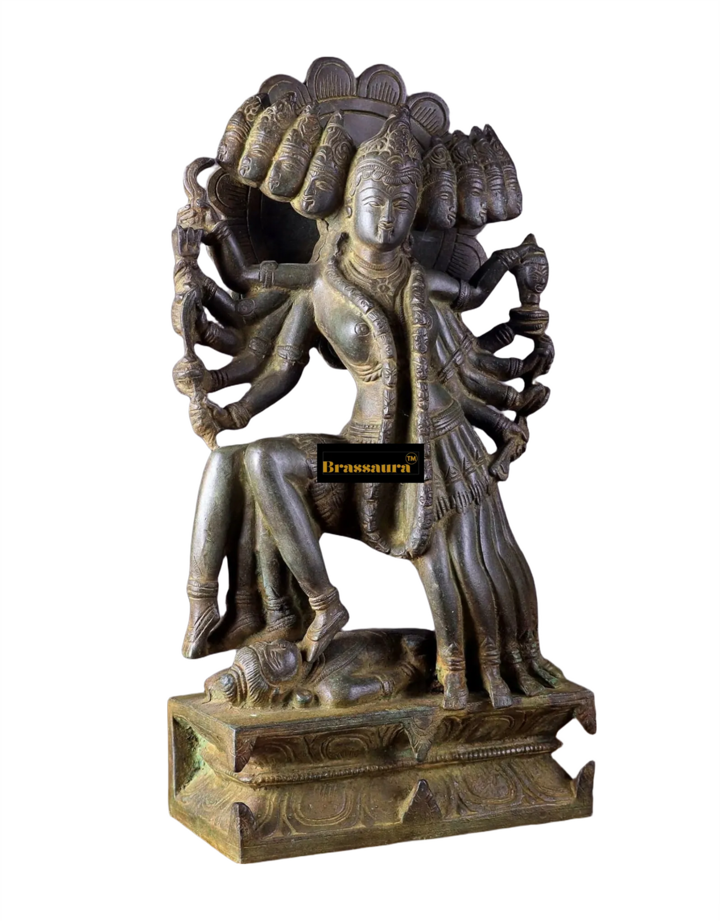 Brassaura™ Mahakali Brass Idol – 10 Heads | 10kg | 15" Height – Handcrafted | Vintage Finish