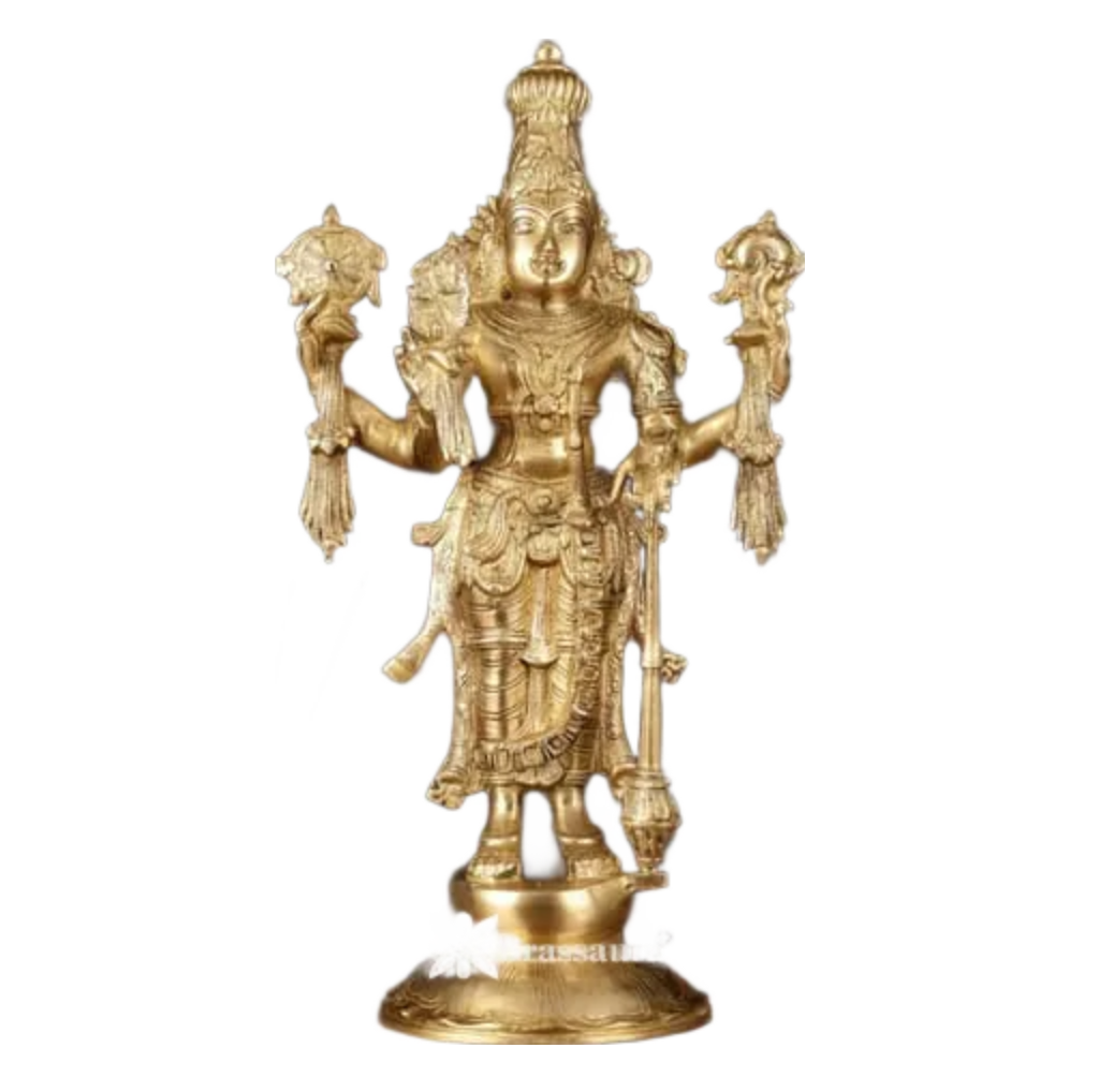 Brassaura™ Handcrafted Brass Lord Vishnu Statue with Four Arms | 20 Inch Height | 12 KG Weight | Golden Finish