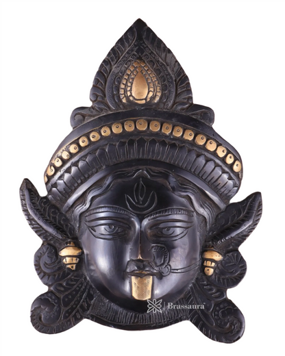 Brassaura™ Goddess Durga Brass Wall Mask – 2.2kg | 10.5" Height – Black Finish | Handcrafted Wall Mount