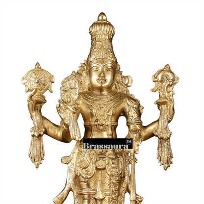 Brassaura™ Handcrafted Brass Lord Vishnu Statue with Four Arms | 20 Inch Height | 12 KG Weight | Golden Finish