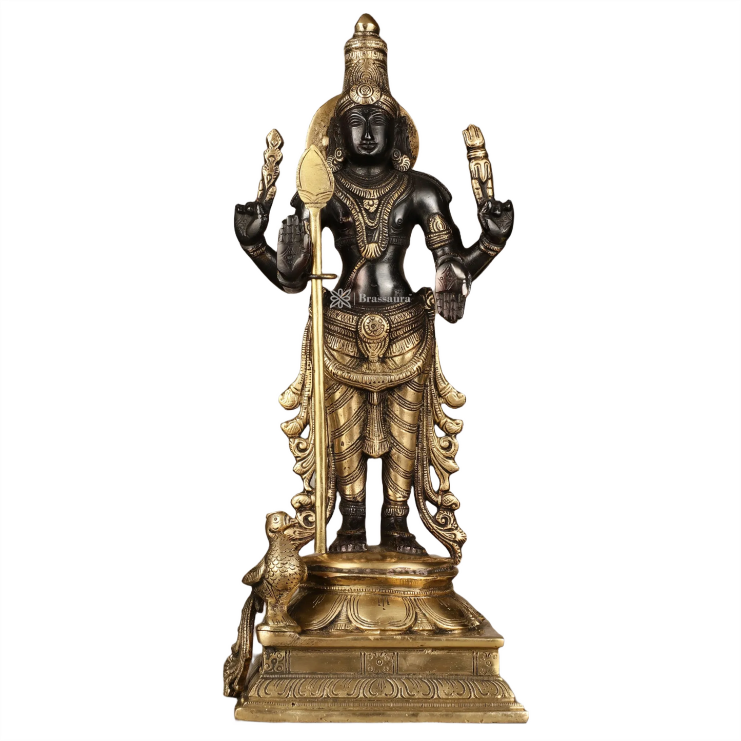 Brassaura™ Pure Brass Kartikeya Murugan Swamy Statue – 14 Inches Height, 4.45 Kg – Black Finish