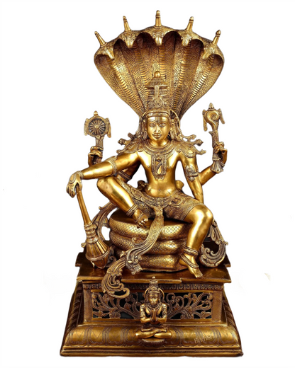 Brassaura™ Superfine Brass Shri Hari Narayana Statue Seated Under Sheshanaag | 29 Inch Height | 35 KG Weight | Finely Casted