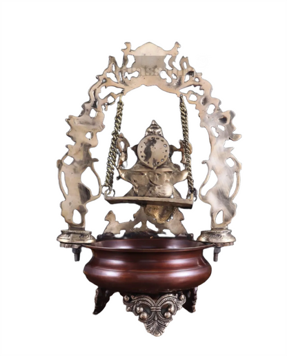 Brassaura™ Lord Ganesha on Swing Brass Urli – 9 kgs, 20 Inches Height – Auspicious Home Decor & Gifting Piece