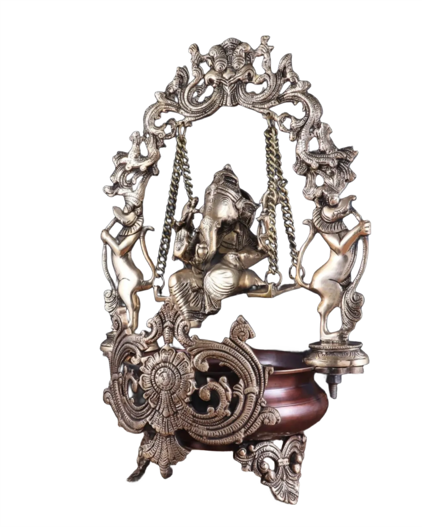 Brassaura™ Lord Ganesha on Swing Brass Urli – 9 kgs, 20 Inches Height – Auspicious Home Decor & Gifting Piece