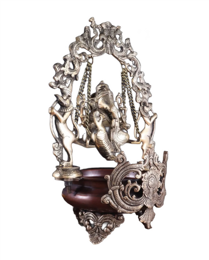 Brassaura™ Lord Ganesha on Swing Brass Urli – 9 kgs, 20 Inches Height – Auspicious Home Decor & Gifting Piece