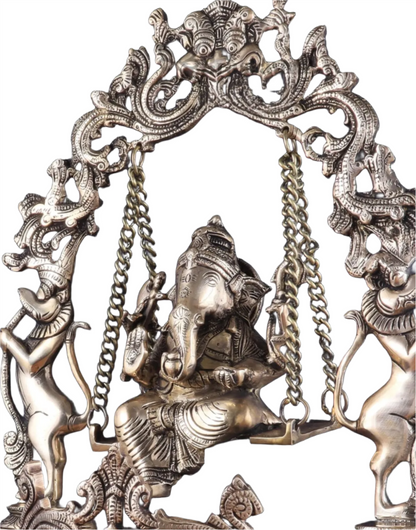 Brassaura™ Lord Ganesha on Swing Brass Urli – 9 kgs, 20 Inches Height – Auspicious Home Decor & Gifting Piece