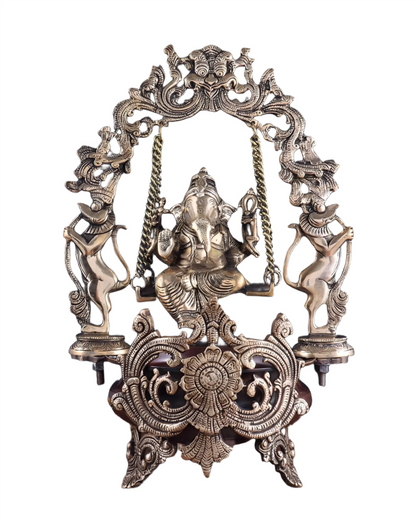 Brassaura™ Lord Ganesha on Swing Brass Urli – 9 kgs, 20 Inches Height – Auspicious Home Decor & Gifting Piece
