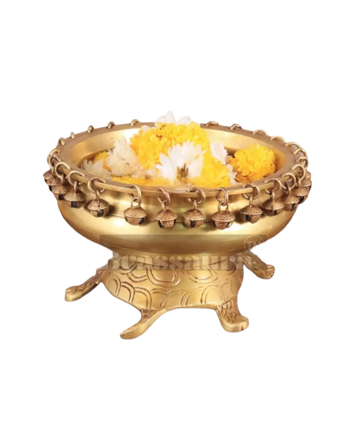 Brassaura™ Small Brass Urli Bowl on Tortoise Base – 2.5 kgs, 5 Inches Height – Vastu & Feng Shui Decor in Matte Gold Finish