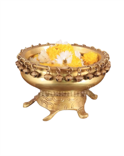 Brassaura™ Small Brass Urli Bowl on Tortoise Base – 2.5 kgs, 5 Inches Height – Vastu & Feng Shui Decor in Matte Gold Finish