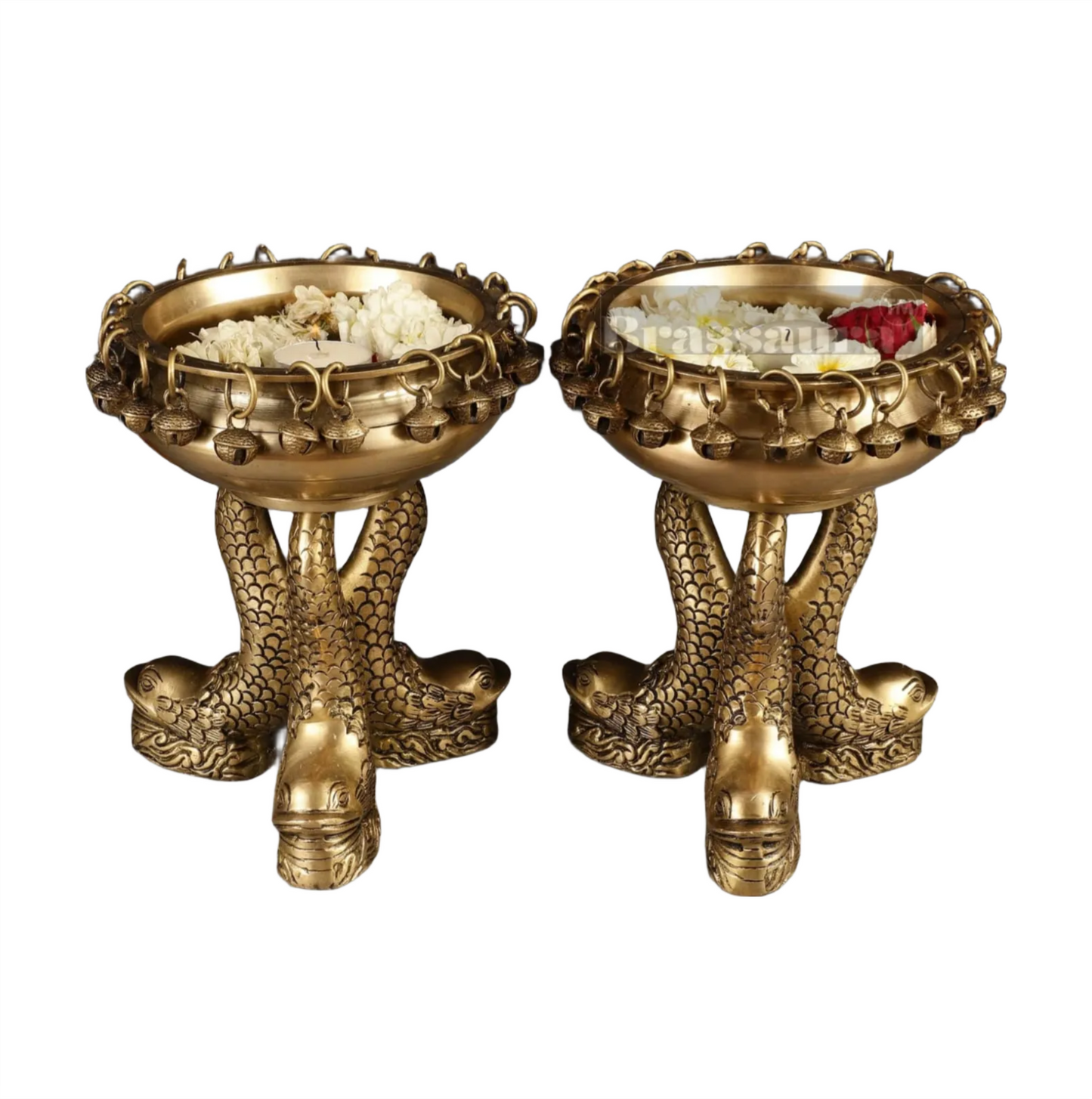 Brassaura™ Pure Brass Vastu Urli with Fish Legs – 4 kgs, 8 Inches Diameter – Prosperity & Positive Energy Home Decor