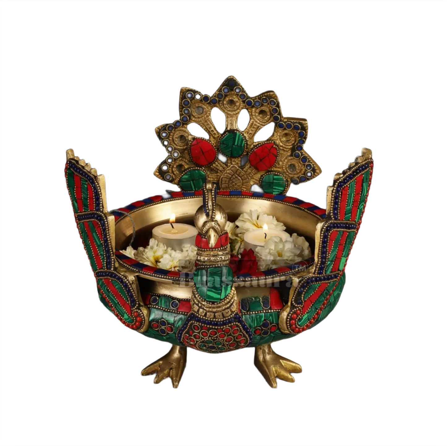 Brassaura™ Brass Peacock Shaped Urli Bowl with Stand – 2 kgs, 9 Inches Height – Elegant Handcrafted Home Decor
