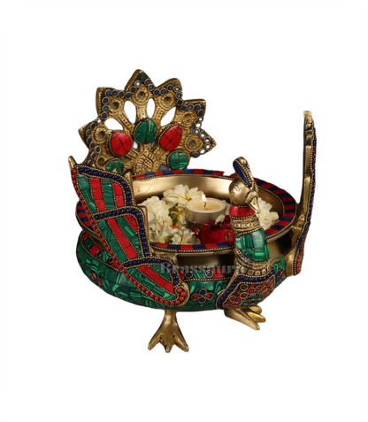 Brassaura™ Brass Peacock Shaped Urli Bowl with Stand – 2 kgs, 9 Inches Height – Elegant Handcrafted Home Decor