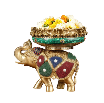 Brassaura™ Pure Brass Elephant Urli with Intricate Meenakari Work – 5.89 kgs, 9.5 Inches Height – Vibrant Traditional Decor