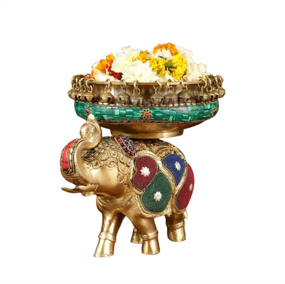 Brassaura™ Pure Brass Elephant Urli with Intricate Meenakari Work – 5.89 kgs, 9.5 Inches Height – Vibrant Traditional Decor