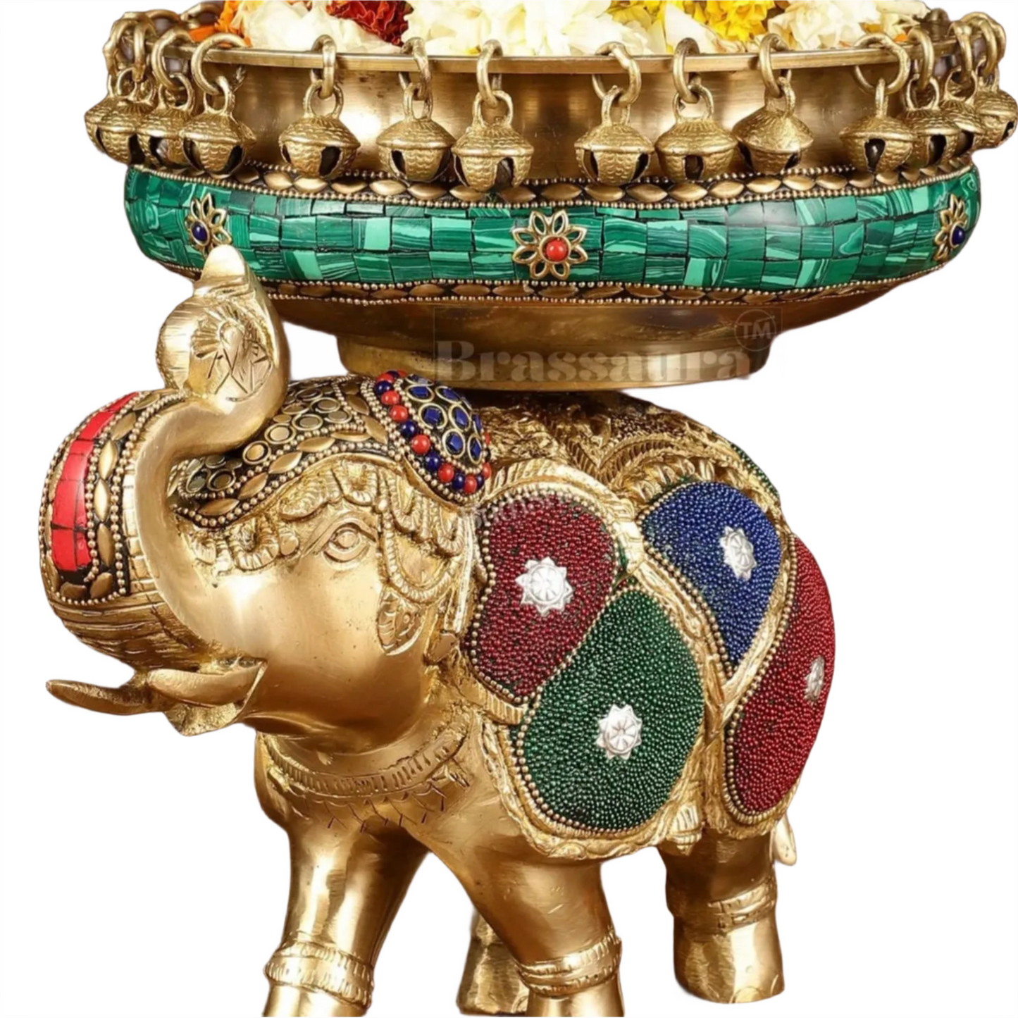 Brassaura™ Pure Brass Elephant Urli with Intricate Meenakari Work – 5.89 kgs, 9.5 Inches Height – Vibrant Traditional Decor