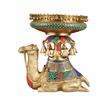 Brassaura™ Pure Brass Urli on Camel’s Back with Exquisite Meenakari Stonework – 14.8 kgs, 16 Inches Height – Traditional Decorative Urli
