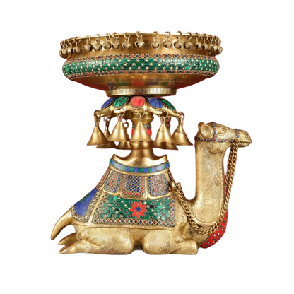 Brassaura™ Pure Brass Urli on Camel’s Back with Exquisite Meenakari Stonework – 14.8 kgs, 16 Inches Height – Traditional Decorative Urli