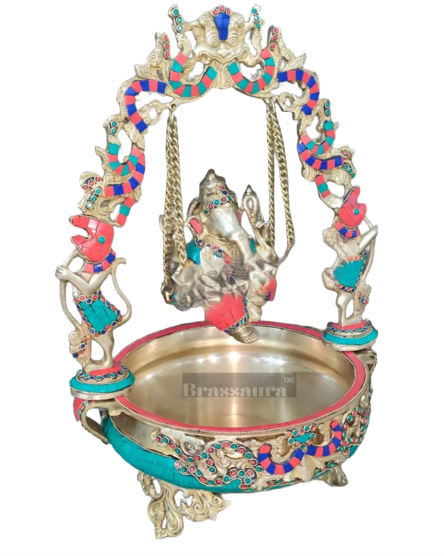 Brassaura™ Artistic Ganapati on Swing with Prabhavali & Large Brass Urli – 14 kgs, 21 Inches Height – Divine Home Decor