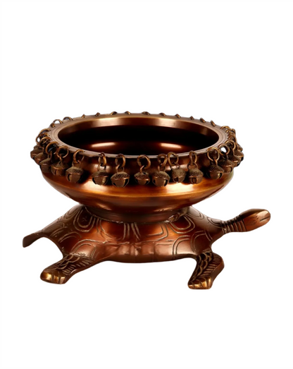 Brassaura™ Brass Urli Bowl on Tortoise Base – 2.3 kgs, 5 Inches Height – Vastu & Feng Shui Decor in Matte Chocolate Finish