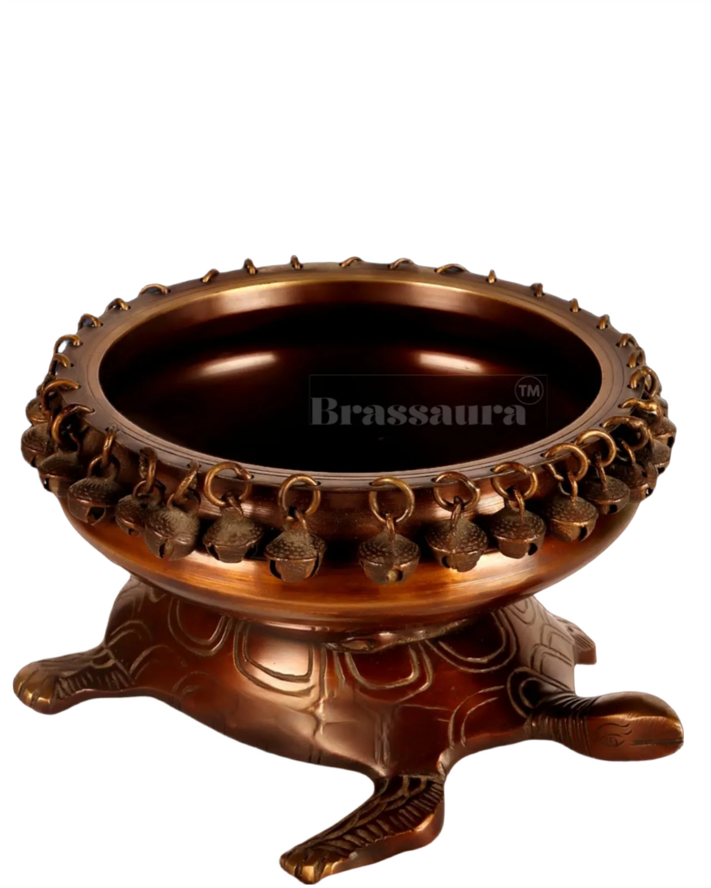 Brassaura™ Brass Urli Bowl on Tortoise Base – 2.3 kgs, 5 Inches Height – Vastu & Feng Shui Decor in Matte Chocolate Finish