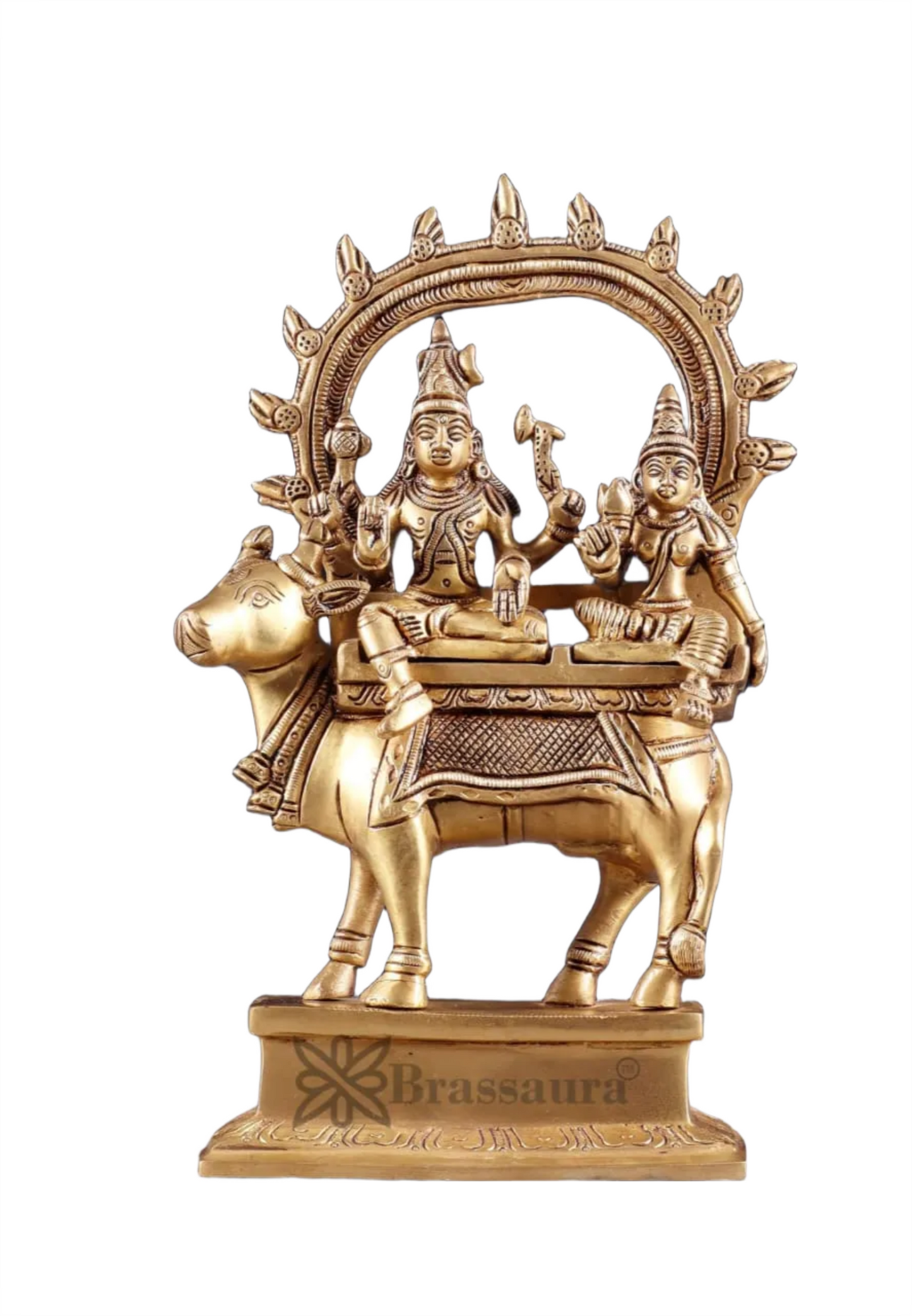 rassaura™ Shiv Parvati Seated on Nandi – Pradosha Nayagar Brass Statue with Prabhavali | 9 Inches Height, 2.25 Kgs Weight