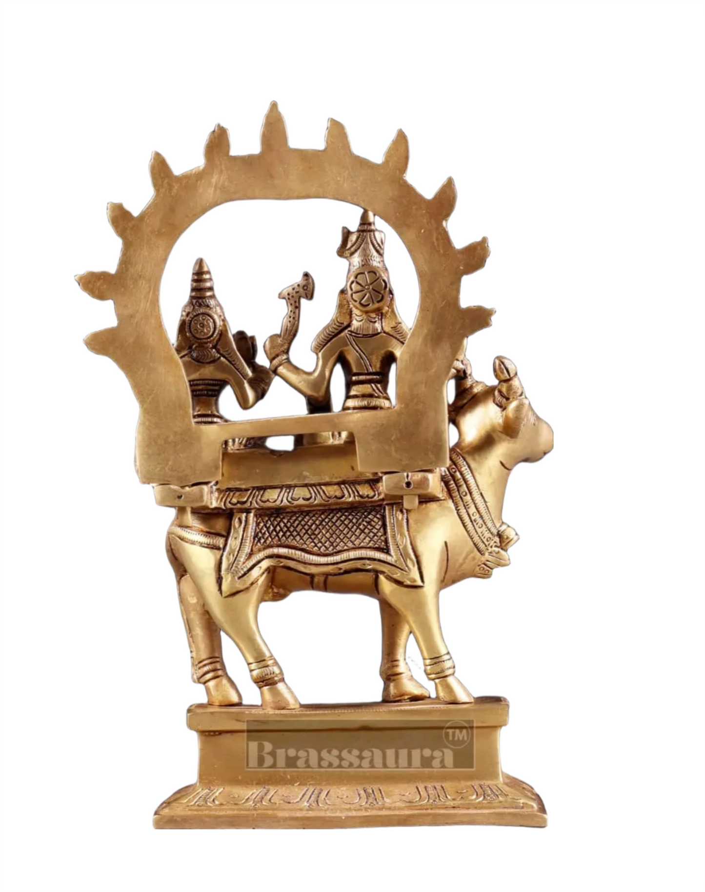 rassaura™ Shiv Parvati Seated on Nandi – Pradosha Nayagar Brass Statue with Prabhavali | 9 Inches Height, 2.25 Kgs Weight