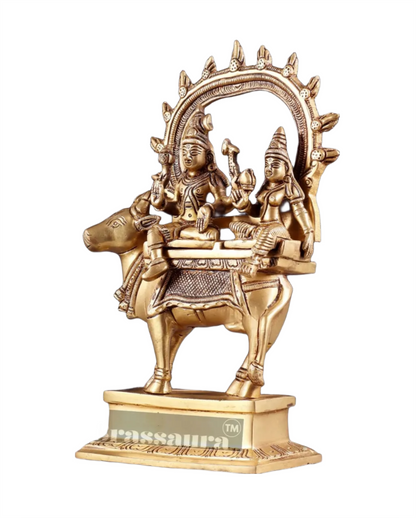 rassaura™ Shiv Parvati Seated on Nandi – Pradosha Nayagar Brass Statue with Prabhavali | 9 Inches Height, 2.25 Kgs Weight
