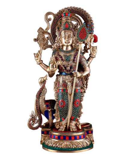 Brassaura™ Handcrafted Lord Murugan Statue in Superfine Brass – 20 Inches Height, 14 Kgs – With Peacock & Cobra