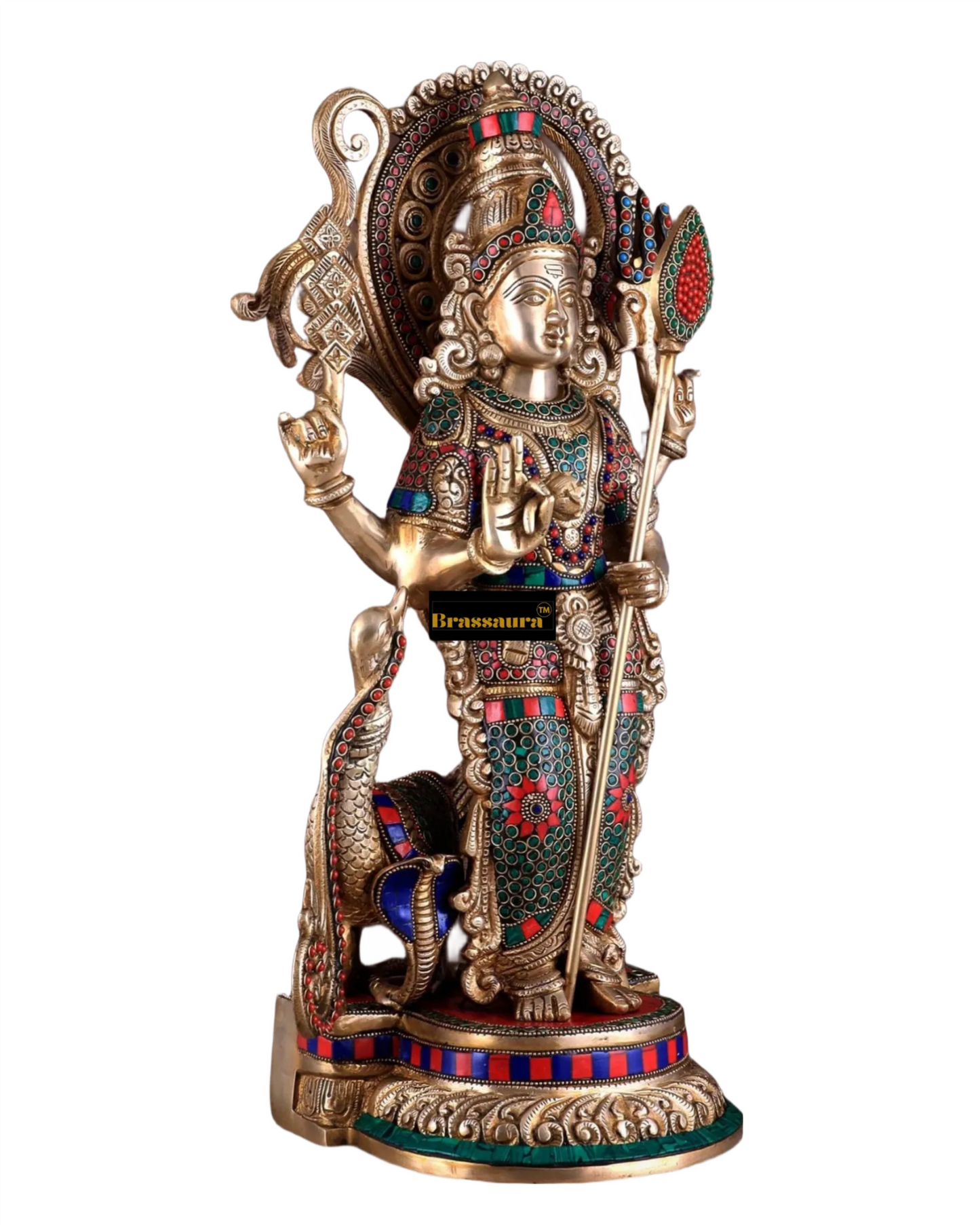 Brassaura™ Handcrafted Lord Murugan Statue in Superfine Brass – 20 Inches Height, 14 Kgs – With Peacock & Cobra