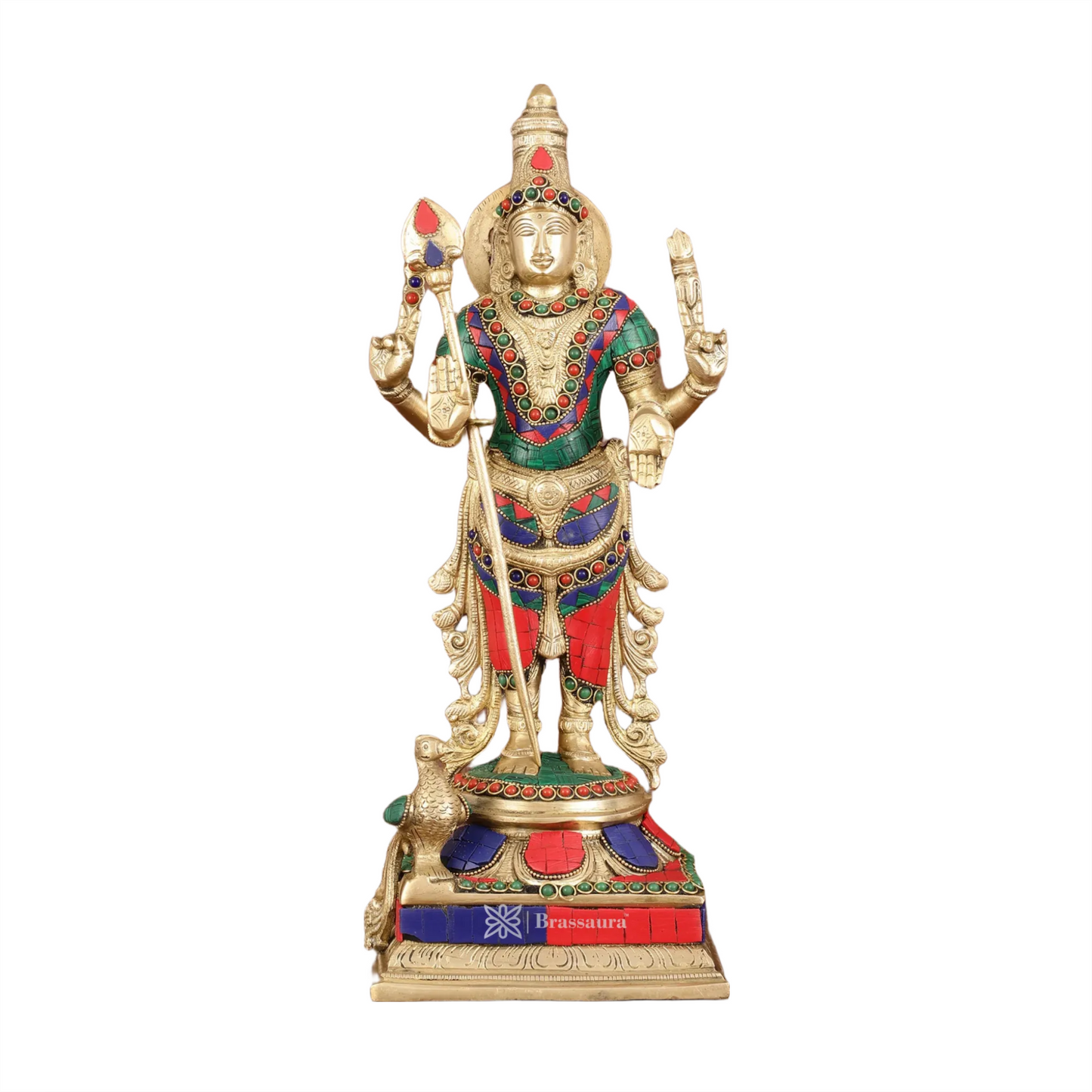 Brassaura™ Pure Brass Kartikeya Murugan Swamy Statue with Stonework – 14 Inches Height, 4.45 Kgs – Intricately Handcrafted