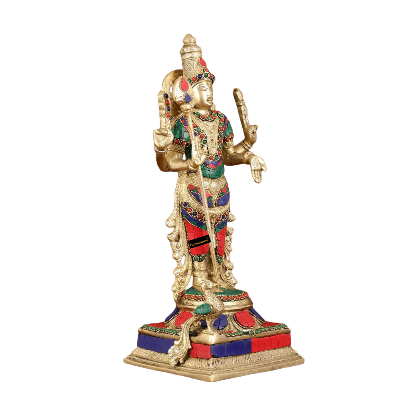 Brassaura™ Pure Brass Kartikeya Murugan Swamy Statue with Stonework – 14 Inches Height, 4.45 Kgs – Intricately Handcrafted