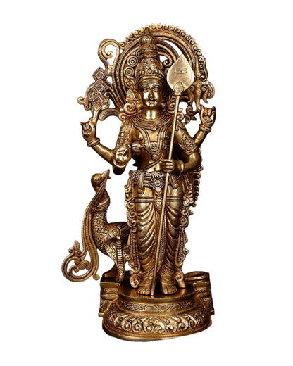 Brassaura™ Handcrafted Lord Murugan Statue in Superfine Brass – 20 Inches Height, 15 Kgs – With Peacock & Cobra
