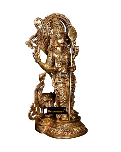 Brassaura™ Handcrafted Lord Murugan Statue in Superfine Brass – 20 Inches Height, 15 Kgs – With Peacock & Cobra