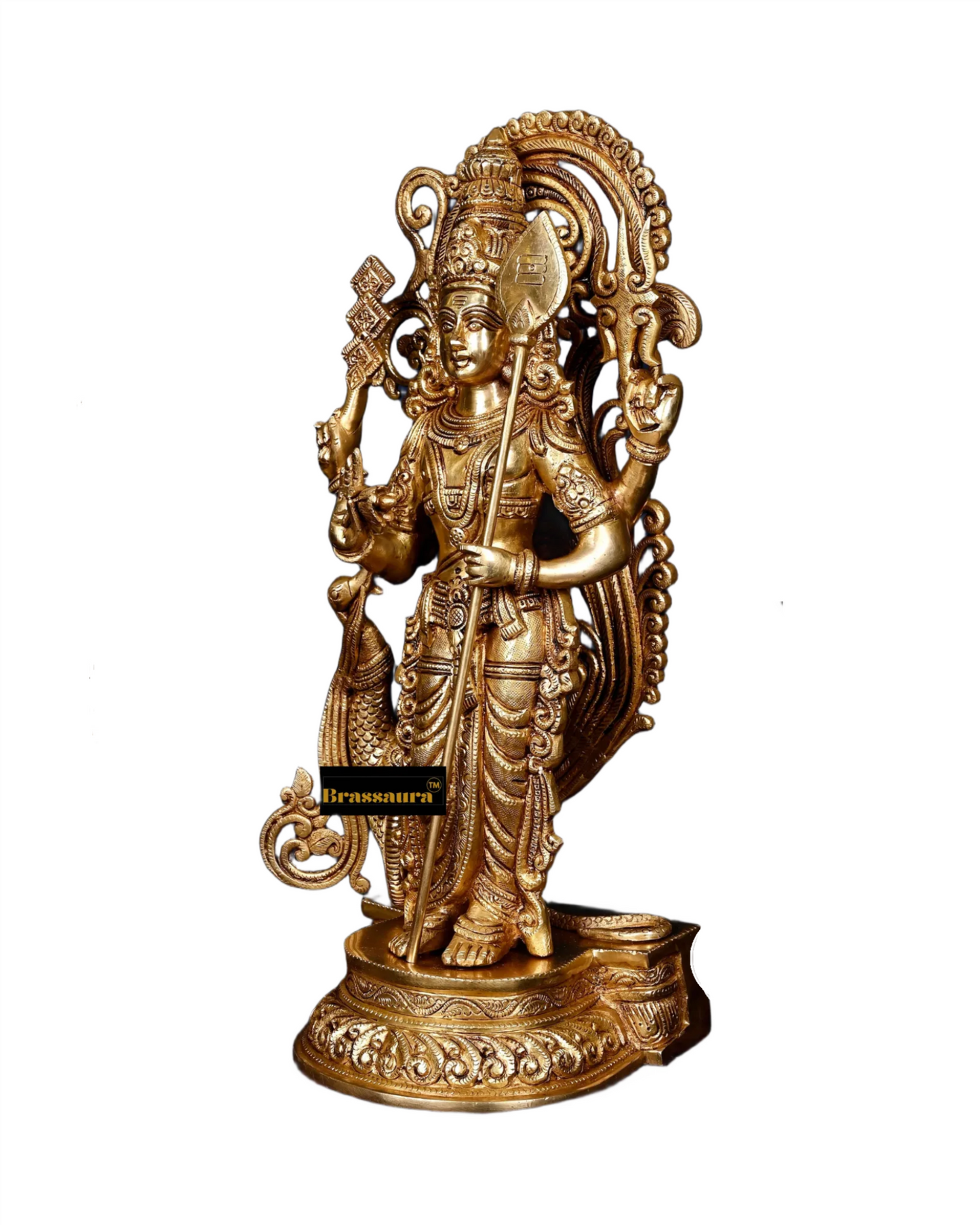 Brassaura™ Handcrafted Lord Murugan Statue in Superfine Brass – 20 Inches Height, 15 Kgs – With Peacock & Cobra