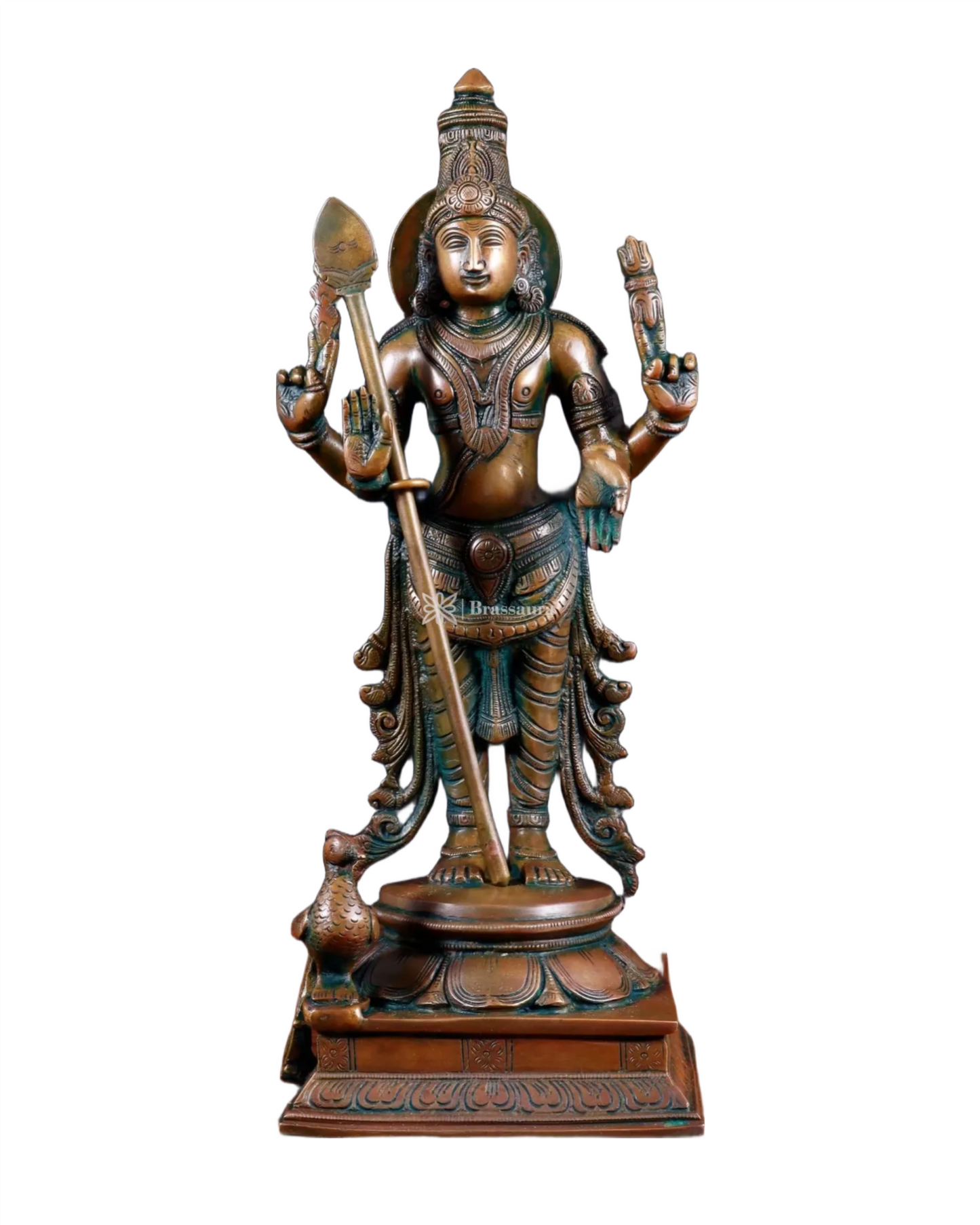 Brassaura™ Pure Brass Kartikeya Murugan Swamy Statue – 14 Inches Height, 4.45 Kgs – Chola Bronze Finish