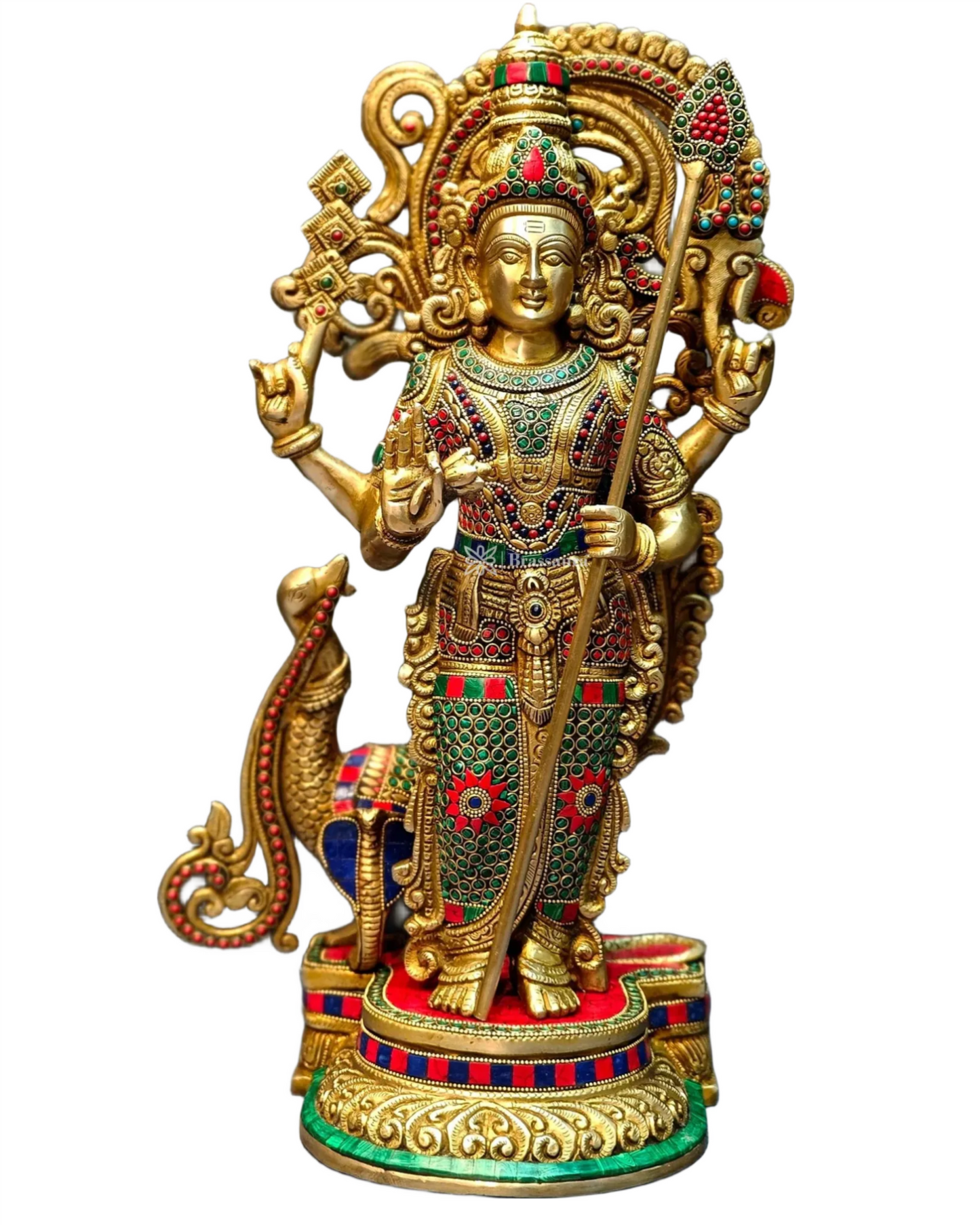 Brassaura™ Handcrafted Lord Murugan Statue in Superfine Brass – 20 Inches Height, 14 Kgs – With Peacock & Cobra