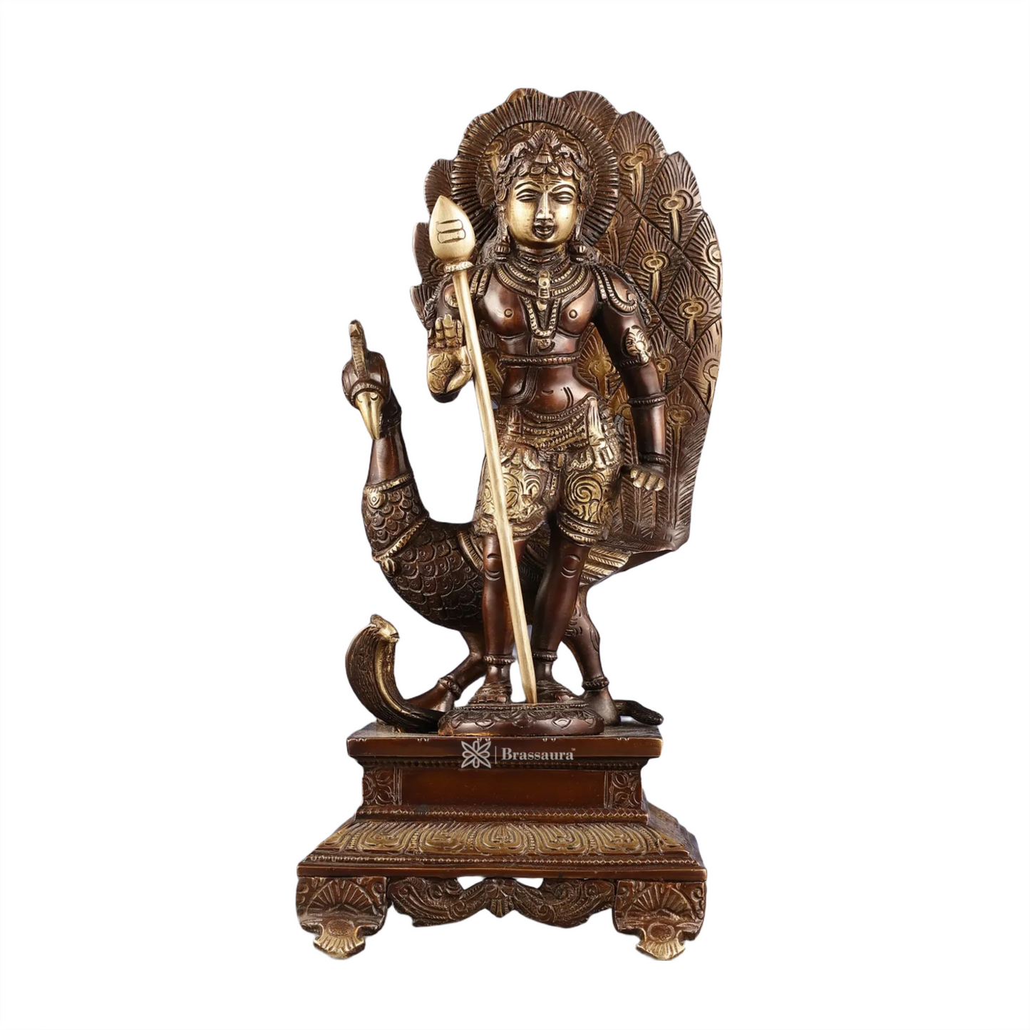 Brassaura™ Handcrafted Lord Murugan Brass Idol – 12.5 Inches Height, 4.5 Kgs – Chola Brown Antique Finish