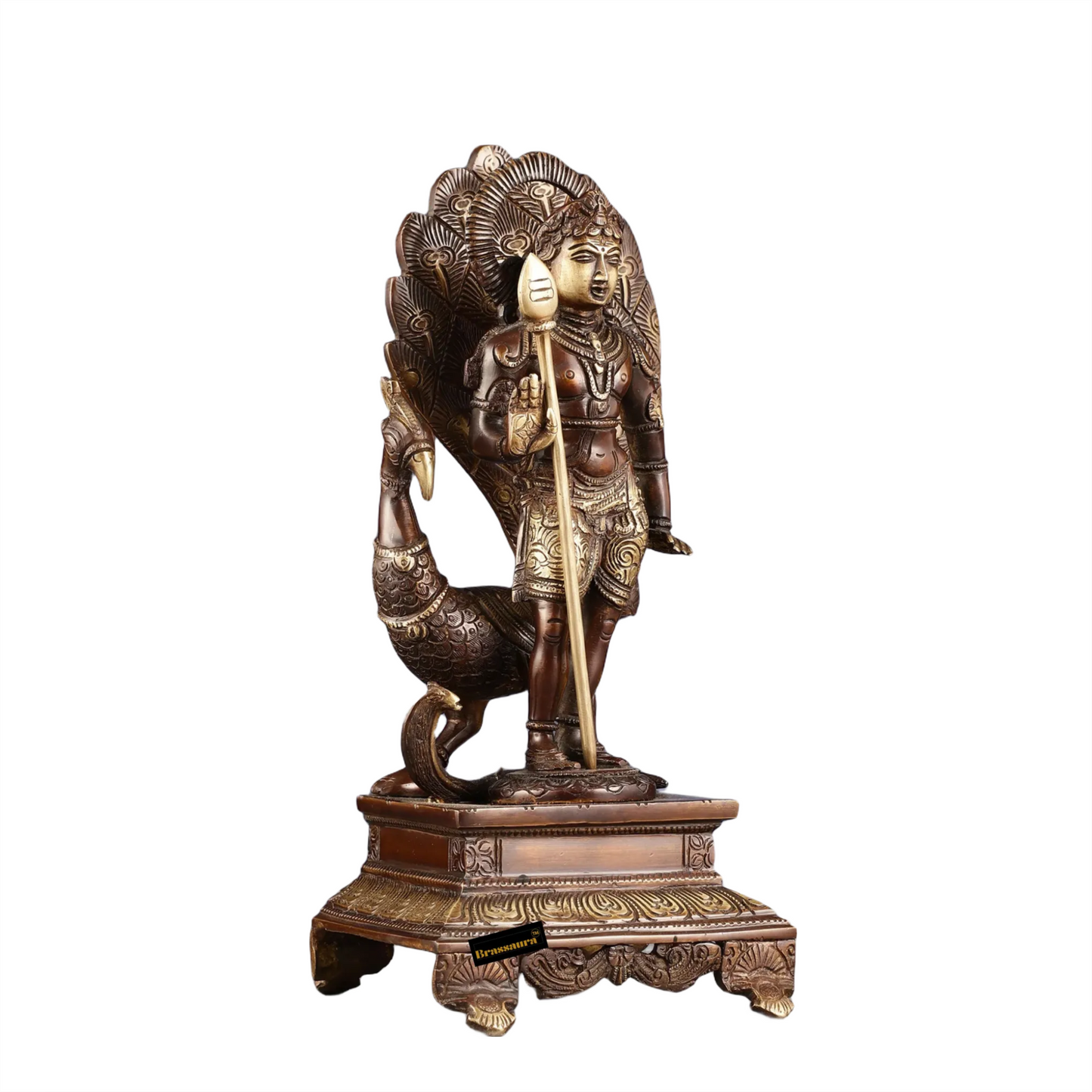 Brassaura™ Handcrafted Lord Murugan Brass Idol – 12.5 Inches Height, 4.5 Kgs – Chola Brown Antique Finish