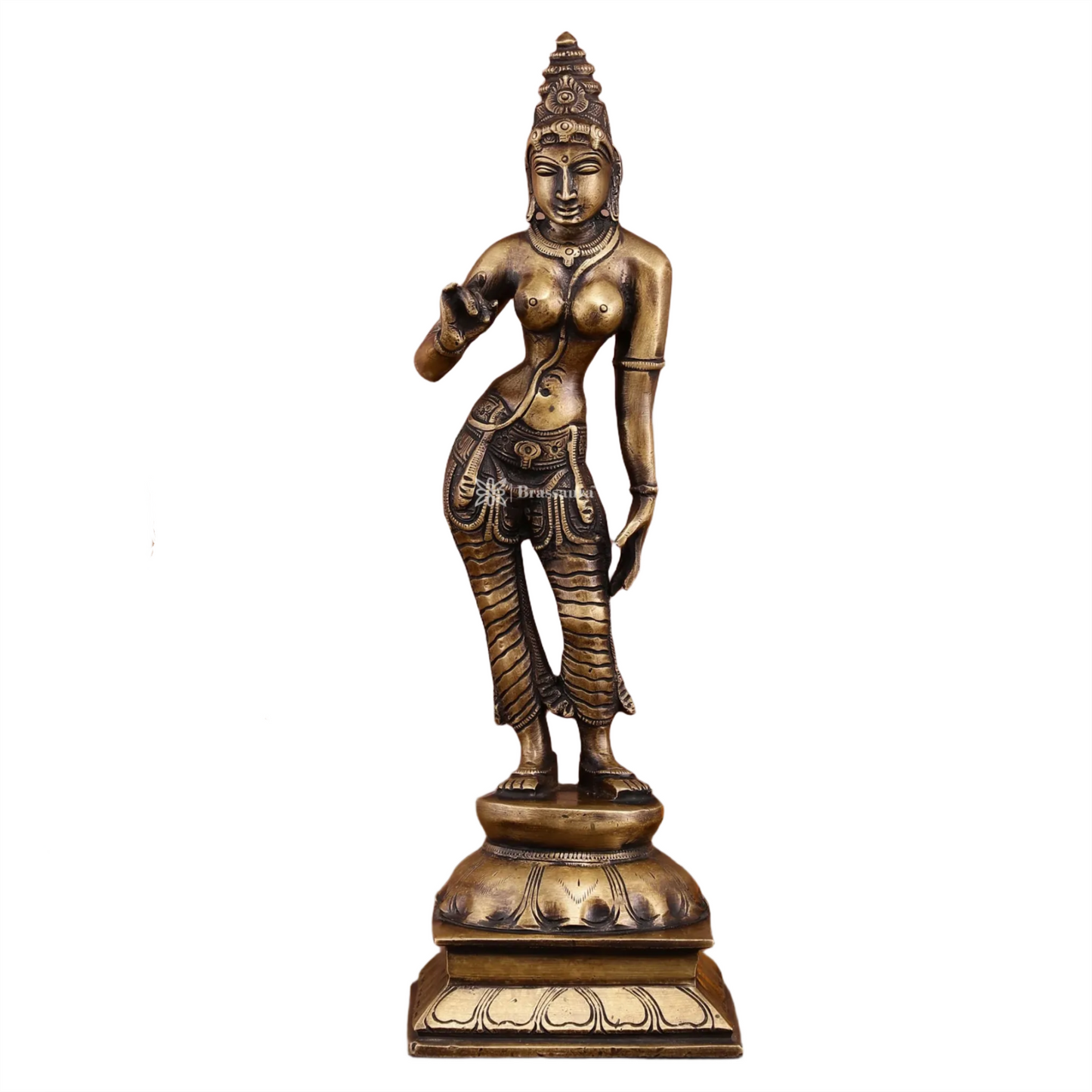 Brassaura™ Pure Brass Devi Parvati Uma Idol – 10 Inch Height, 1.5 Kg Weight – Vintage Finish Standing Statue